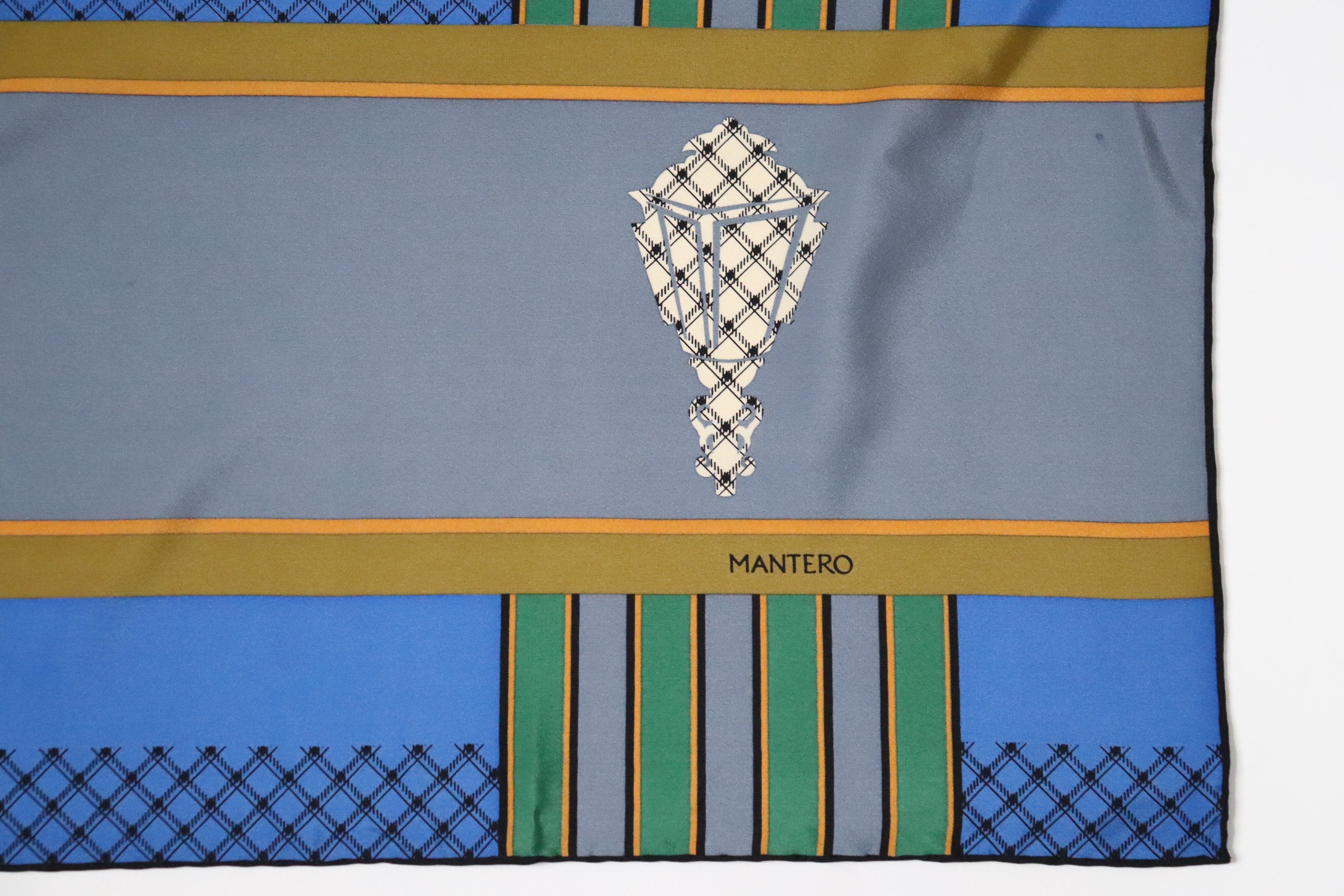 Mantero Vintage Silk Scarf - Blue / Grey - Stripes / Check -  LARGE