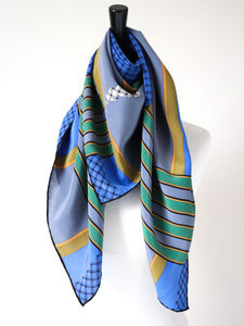 Mantero Vintage Silk Scarf - Blue / Grey - Stripes / Check -  LARGE