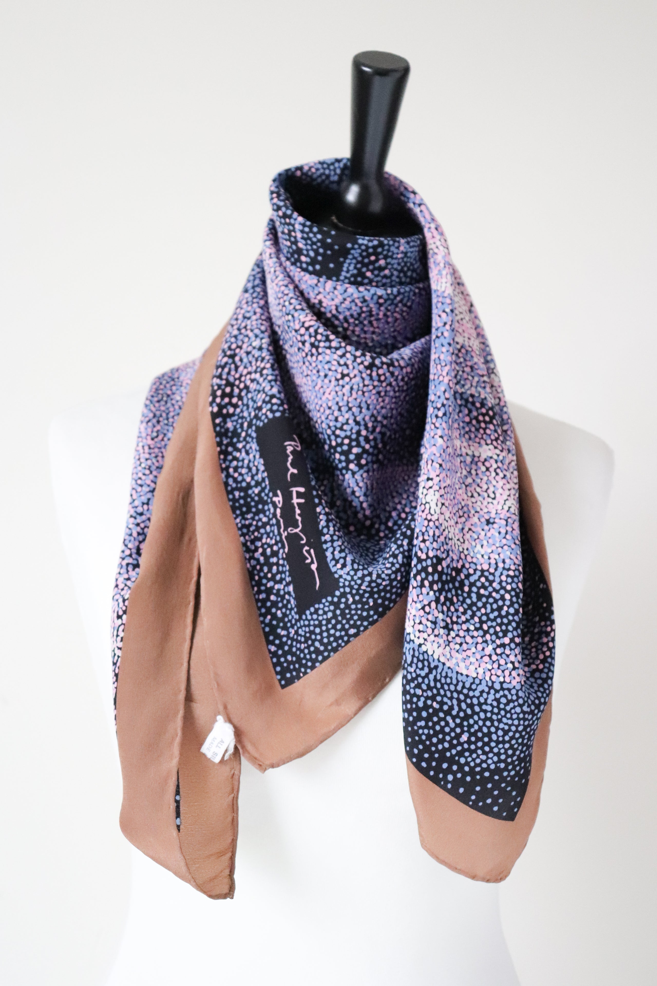 Signed Vintage Silk Scarf - Blue / Pink / Brown - Spotted - 90 x 90 LARGE