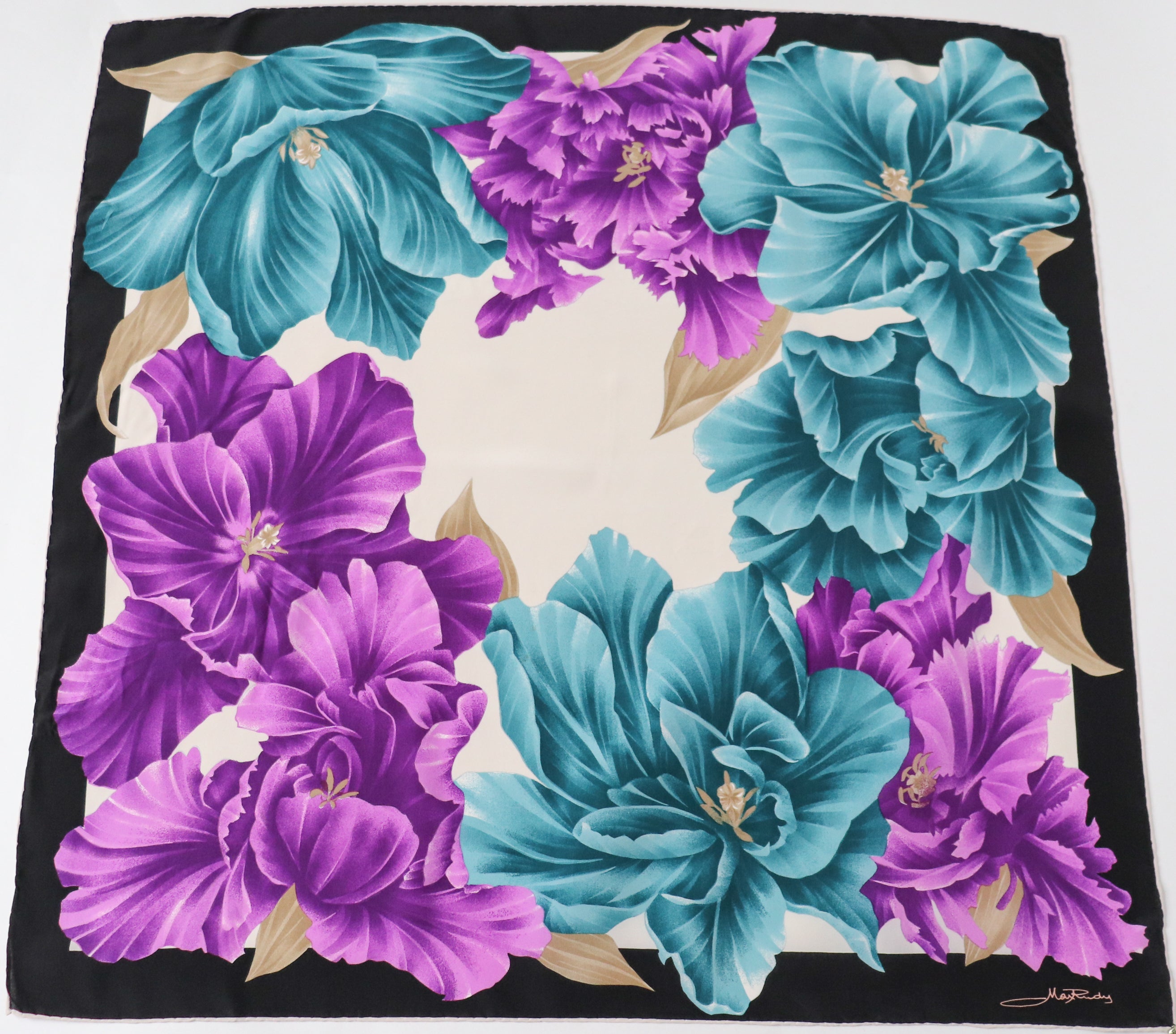 Max Rudy Floral Silk Scarf - Purple / Blue / Black - Vintage 1980s - LARGE