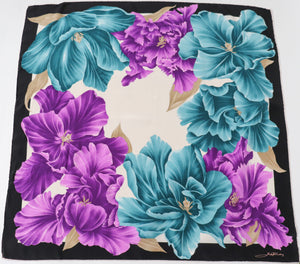 Max Rudy Floral Silk Scarf - Purple / Blue / Black - Vintage 1980s -  LARGE
