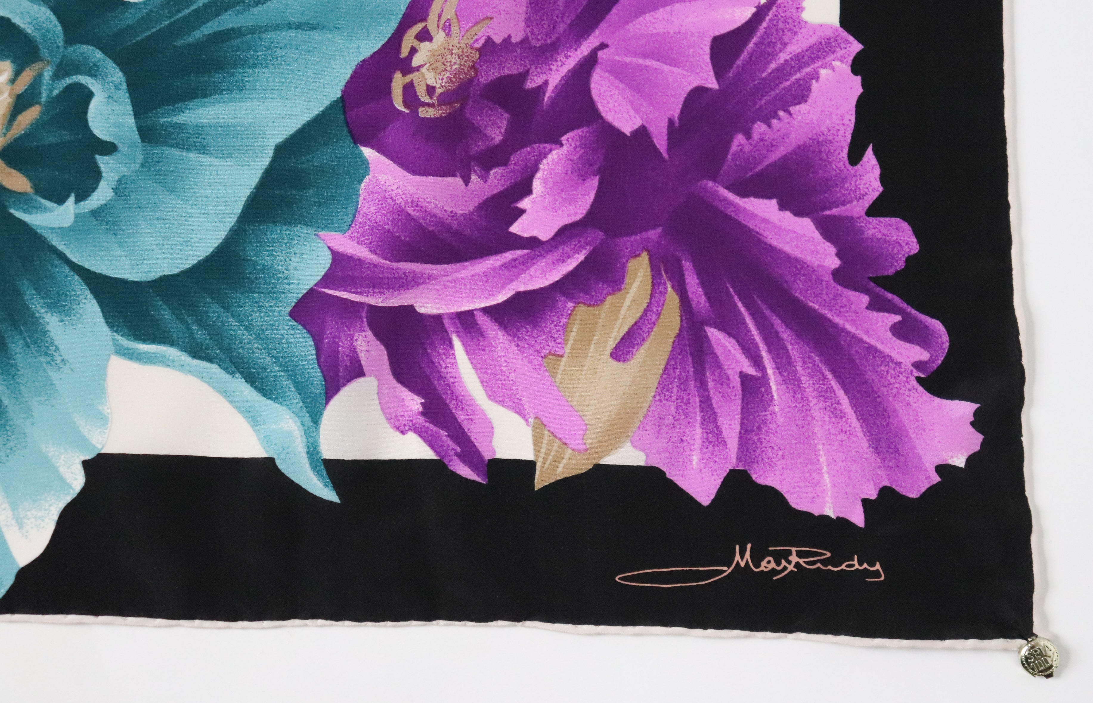 Max Rudy Floral Silk Scarf - Purple / Blue / Black - Vintage 1980s -  LARGE