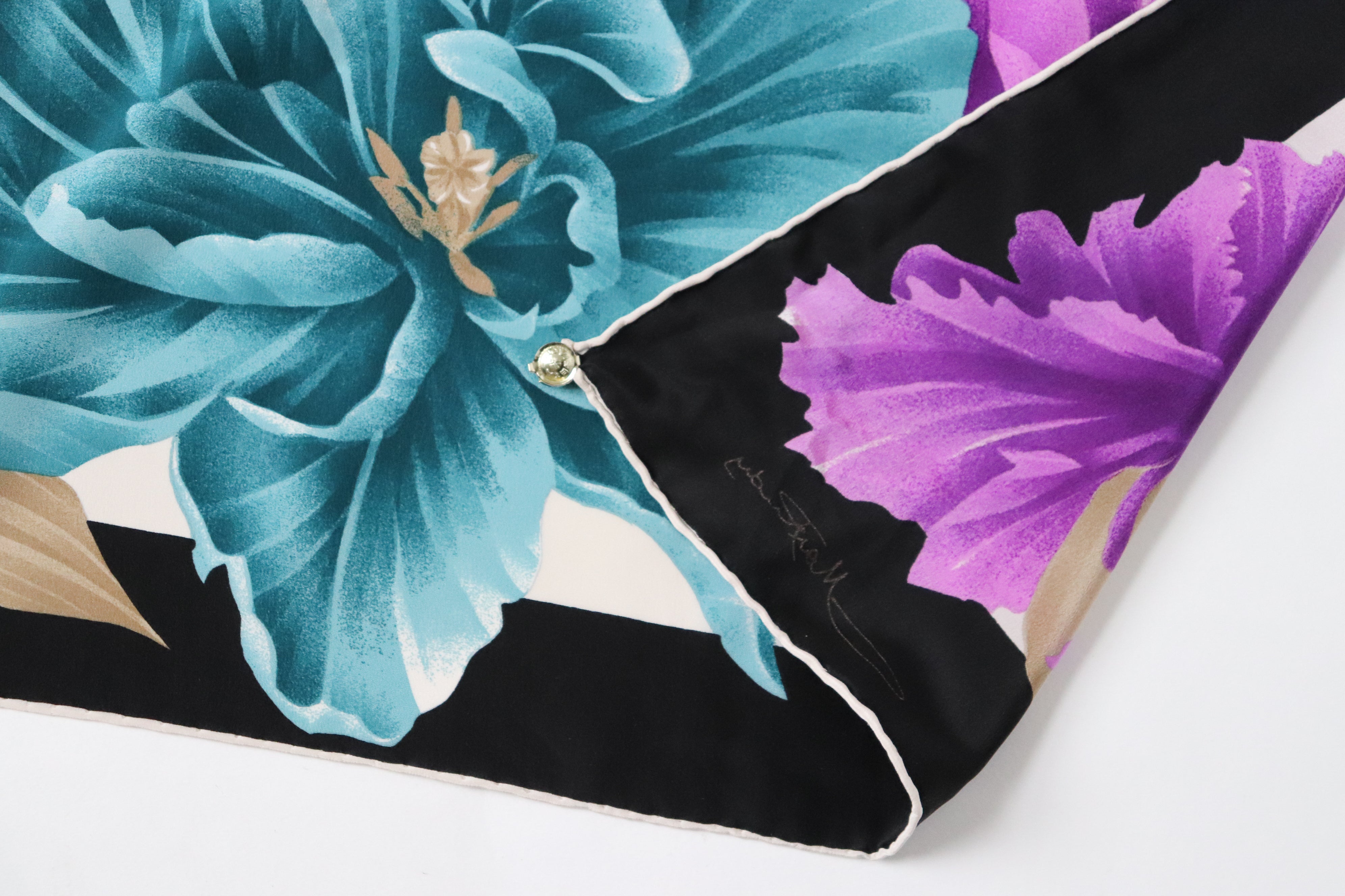 Max Rudy Floral Silk Scarf - Purple / Blue / Black - Vintage 1980s - LARGE