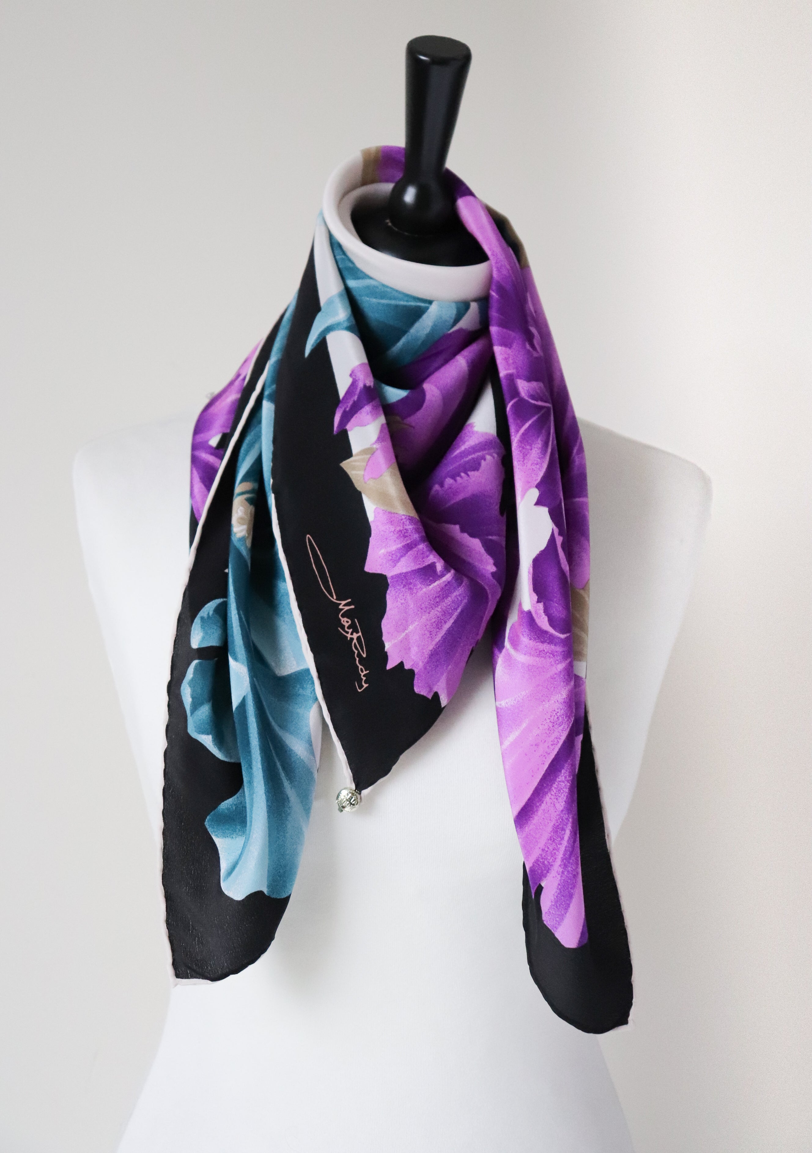 Max Rudy Floral Silk Scarf - Purple / Blue / Black - Vintage 1980s - LARGE