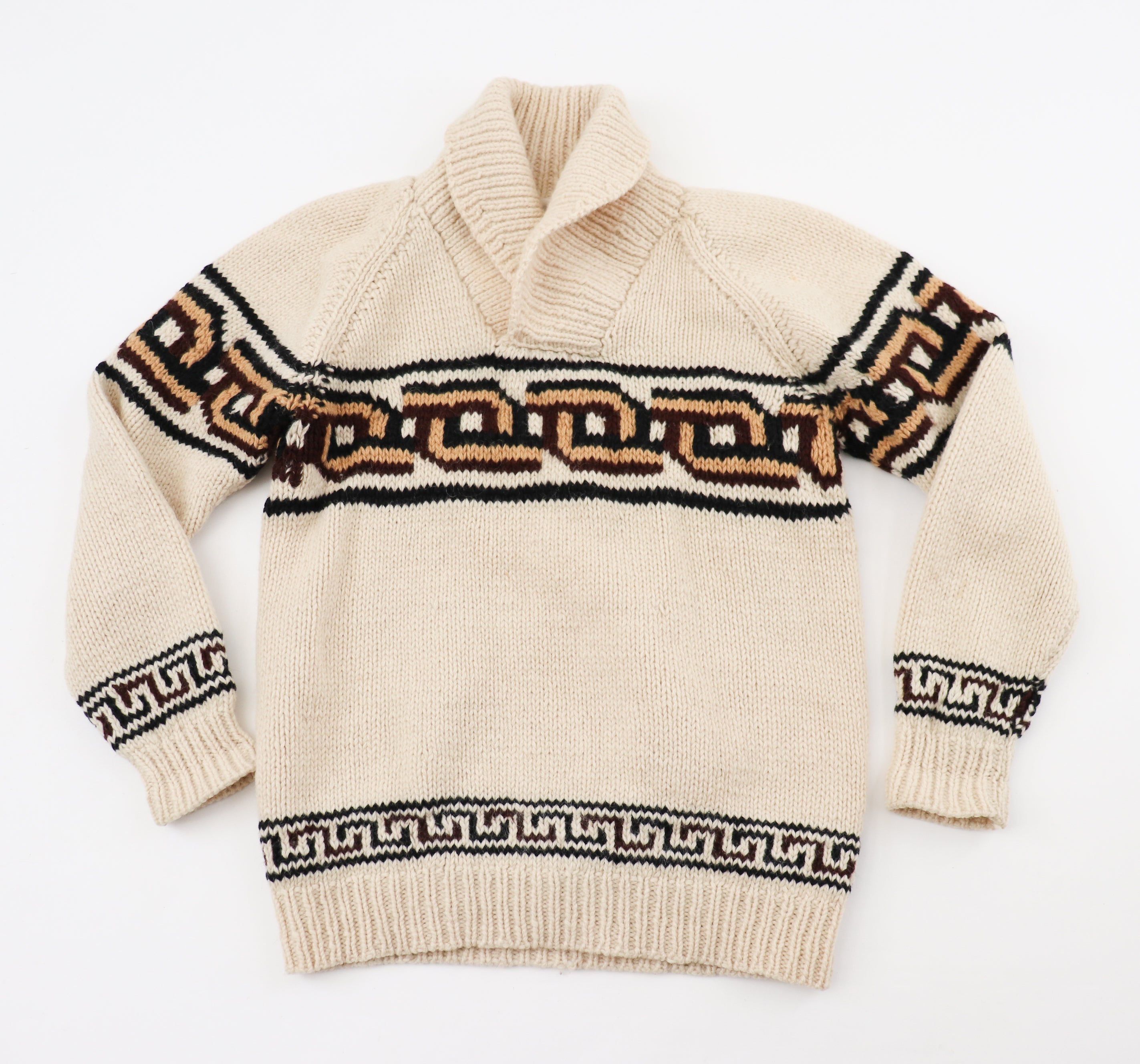 Vintage 1970s Hand Knit Wool Jumper - Peruvian Style - Cream - UK 10 / 12