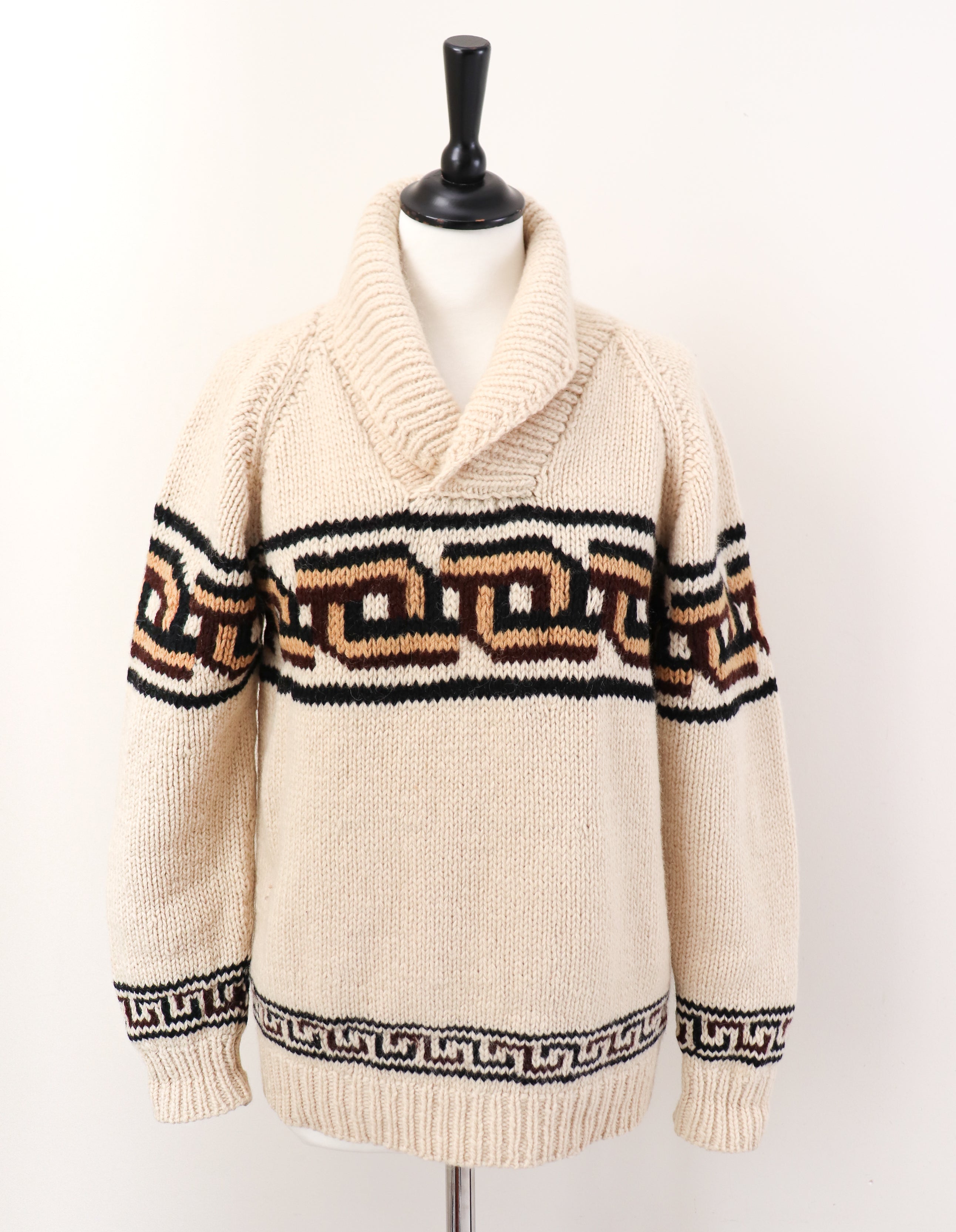 Vintage 1970s Hand Knit Wool Jumper - Peruvian Style - Cream UK  10 /  12