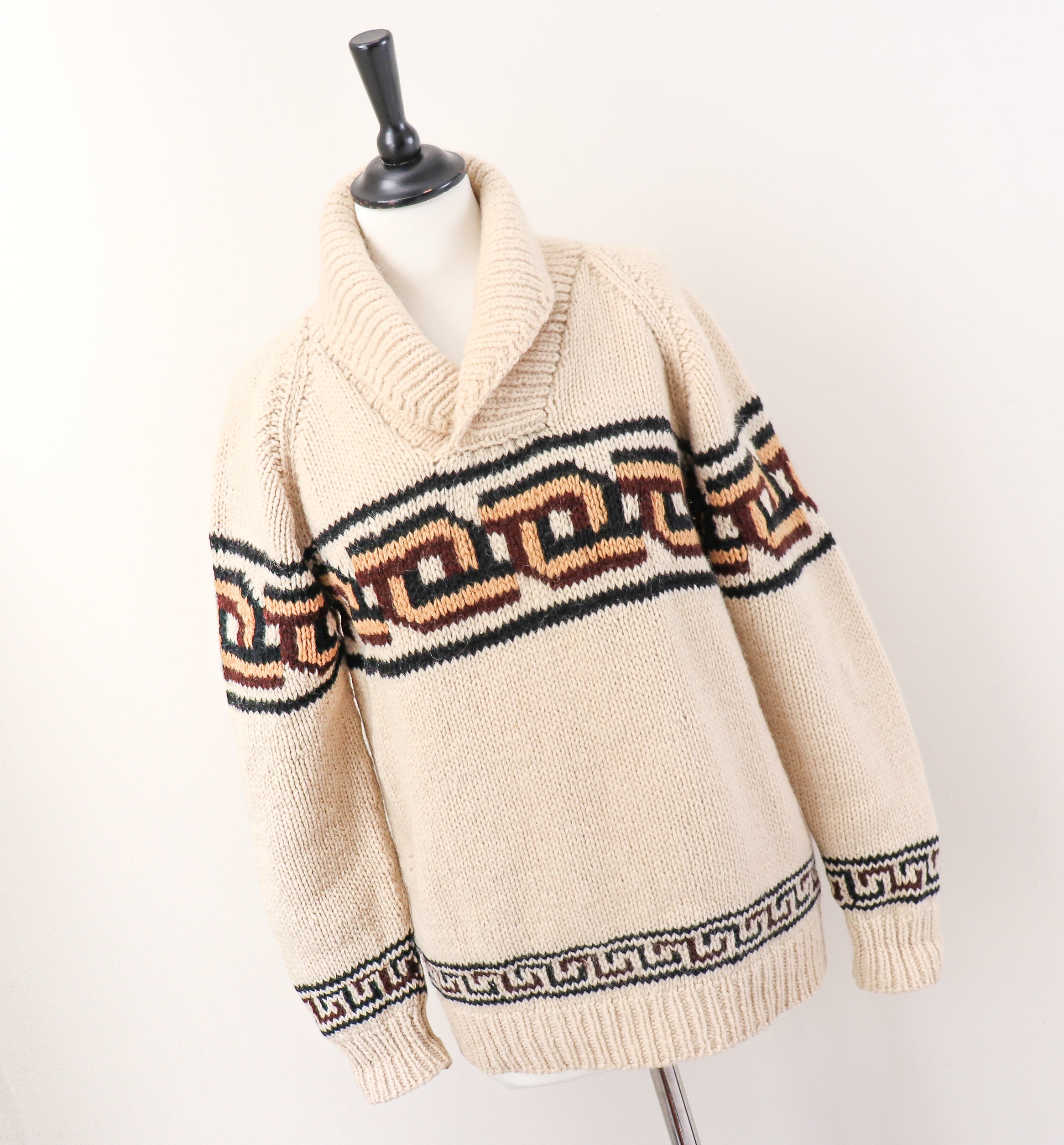 Vintage 1970s Hand Knit Wool Jumper - Peruvian Style - Cream UK  10 /  12