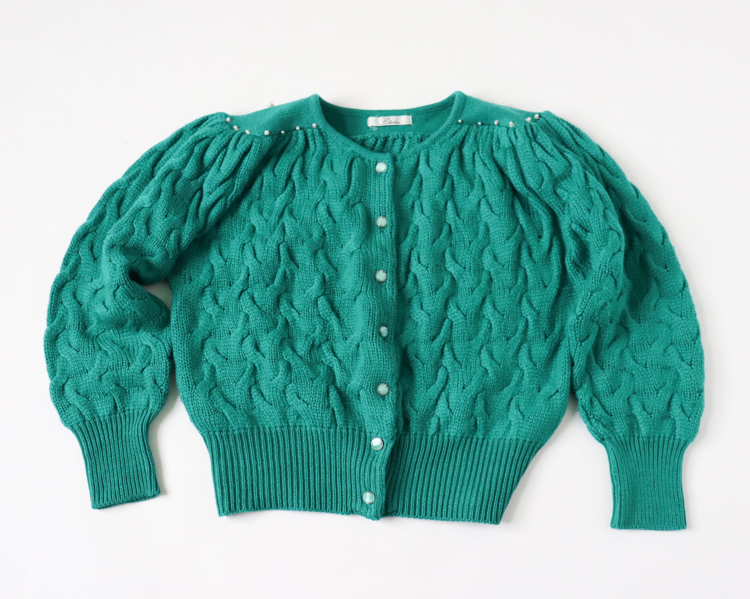 Green Vintage Cardigan - 1980s style - Beaded - S / M - UK 10 / 12