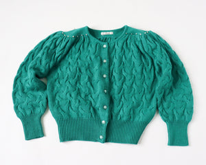 Green Vintage Cardigan - 1980s style - Beaded - S / M - UK 10 / 12