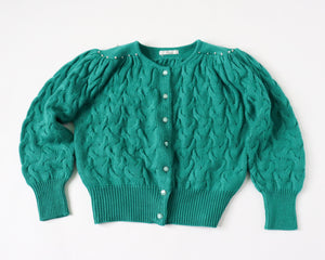 Green Vintage Cardigan - Cotton Blend -  1980s style - Pearl Beading - M / UK 12