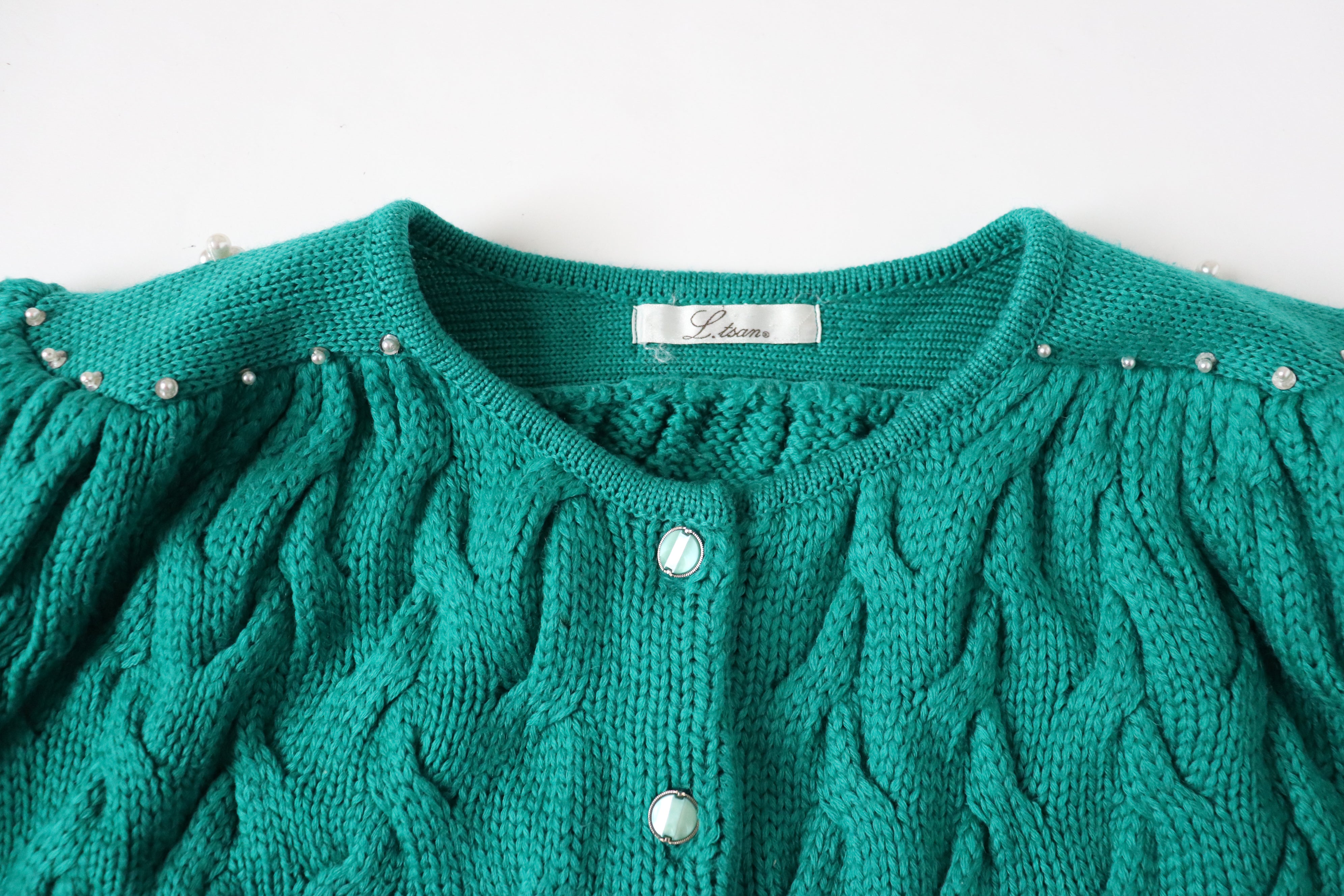 Green Vintage Cardigan - Cotton Blend -  1980s style - Pearl Beading - M / UK 12