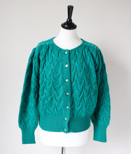 Green Vintage Cardigan - Cotton Blend -  1980s style - Pearl Beading - M / UK 12