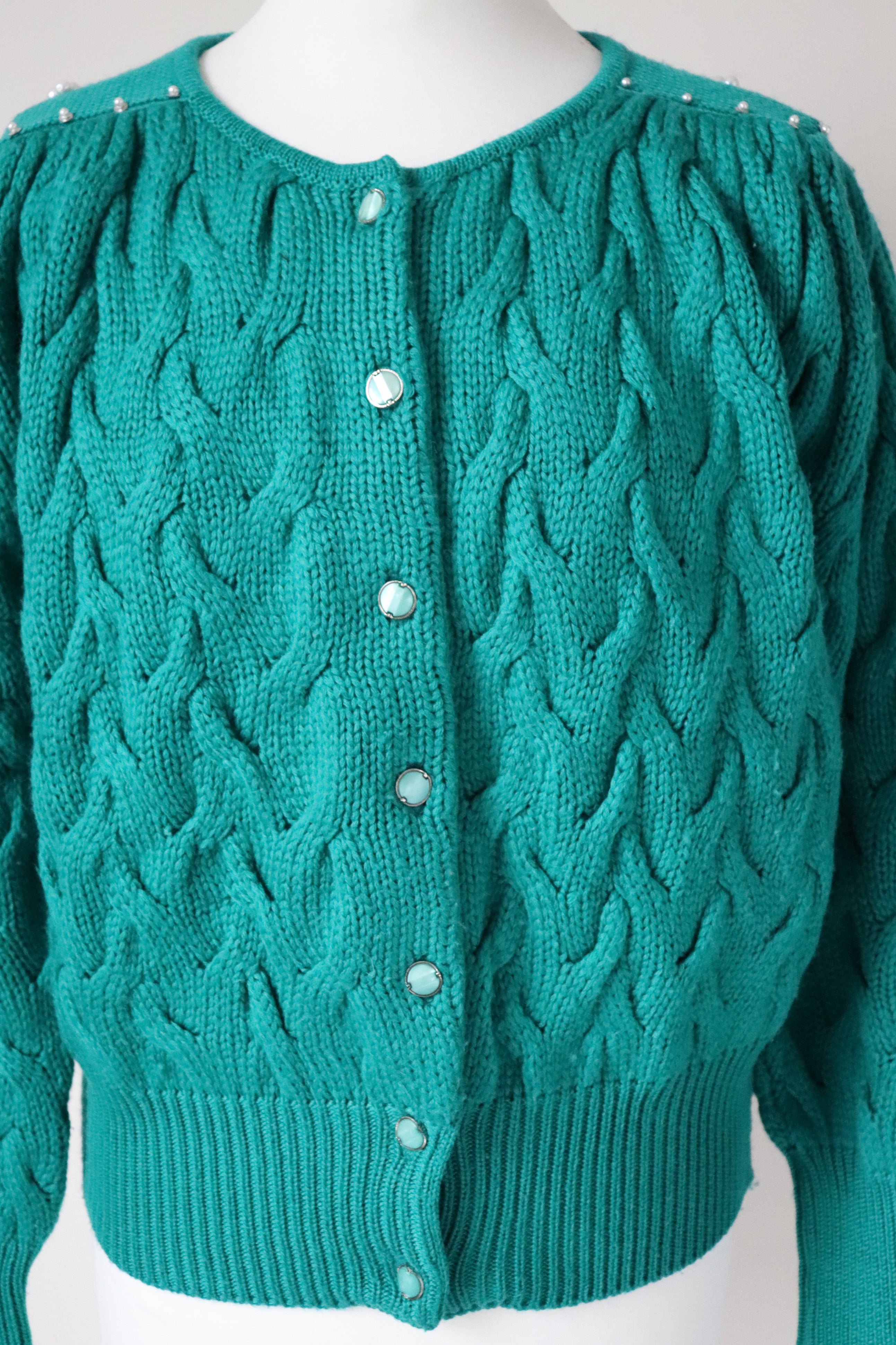 Green Vintage Cardigan - Cotton Blend -  1980s style - Pearl Beading - M / UK 12