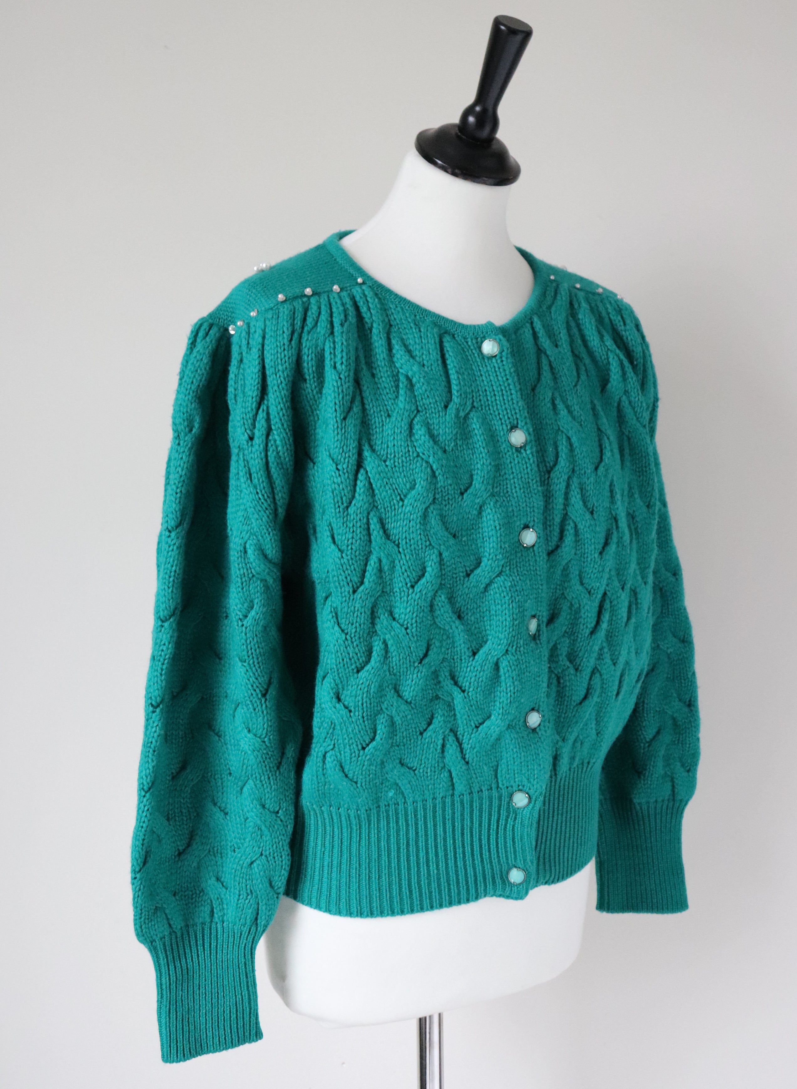 Green Vintage Cardigan - Cotton Blend -  1980s style - Pearl Beading - M / UK 12