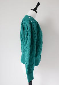 Green Vintage Cardigan - 1980s style - Beaded - S / M - UK 10 / 12