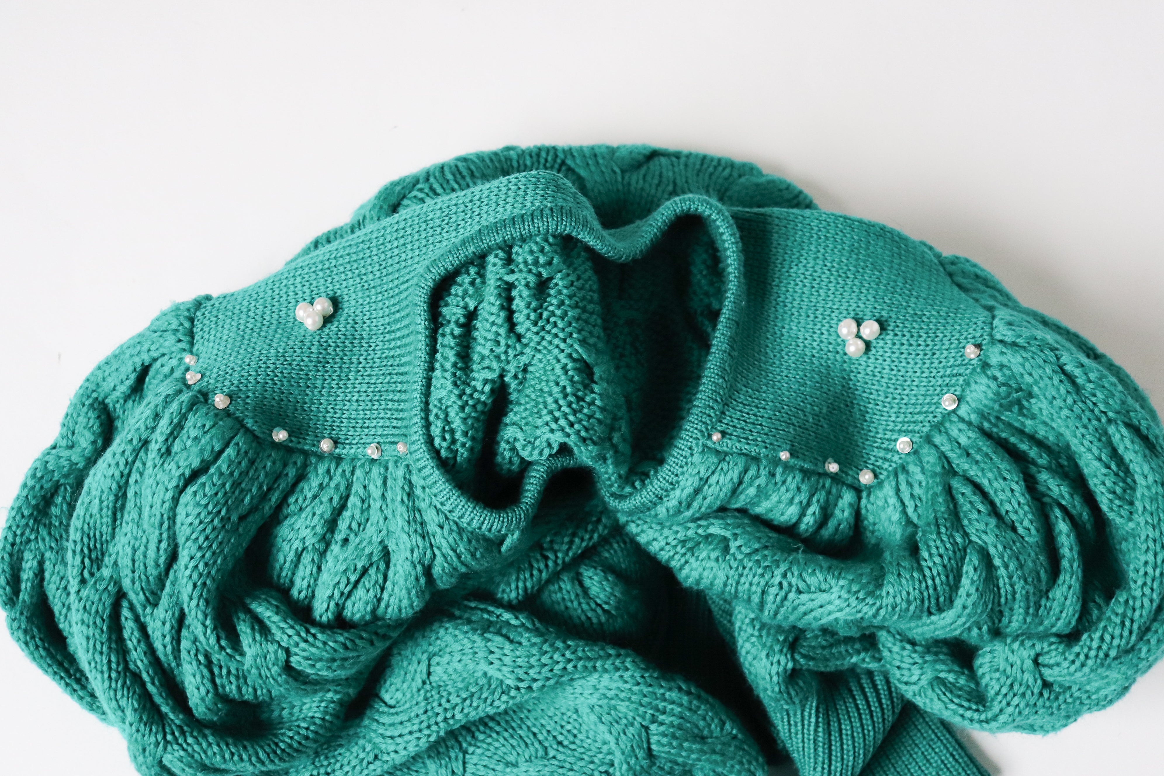 Green Vintage Cardigan - Cotton Blend -  1980s style - Pearl Beading - M / UK 12