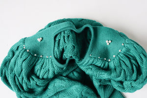 Green Vintage Cardigan - Cotton Blend -  1980s style - Pearl Beading - M / UK 12