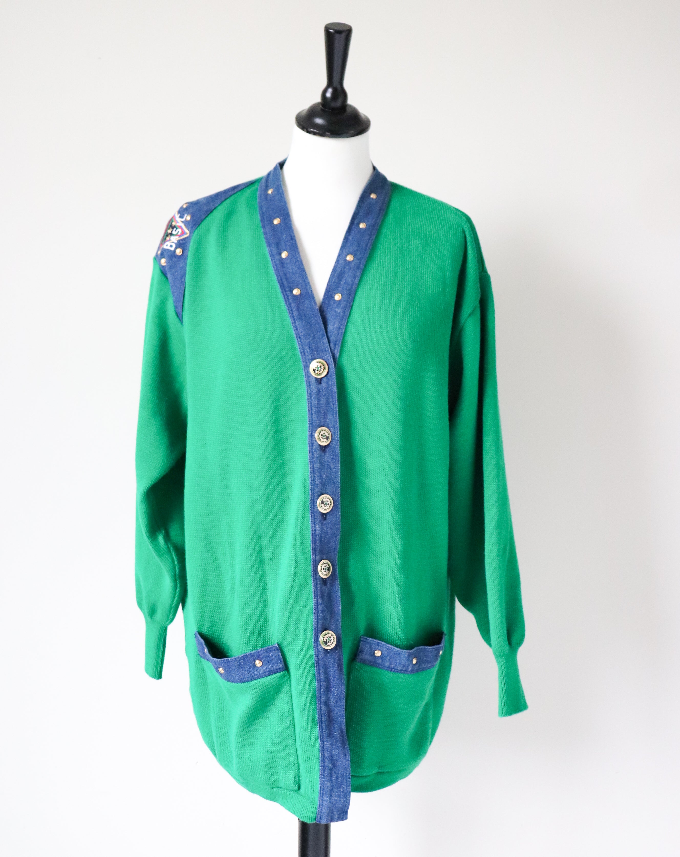 Green College / Varsity Cardigan - 1990s  Wool Blend -  L / XL - UK 14 / 16