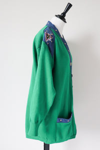 Green College / Varsity Cardigan - 1990s  Wool Blend -  L / XL - UK 14 / 16
