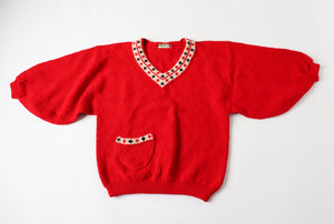 Vintage Jumper - Balloon Sleeves -  Red Wool Blend - V Neck - M / L - UK 12 / 14