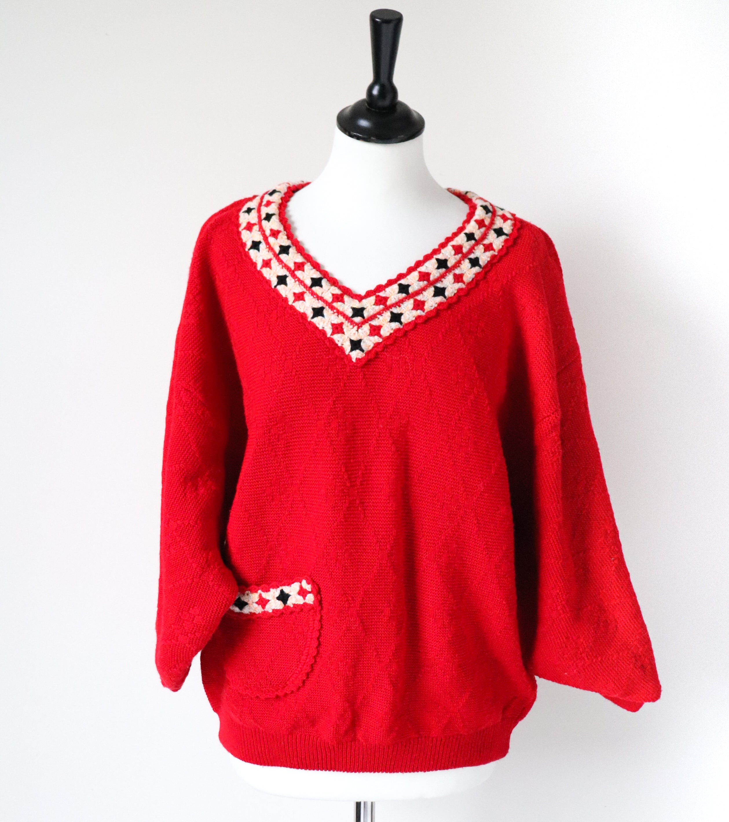 Vintage Jumper - Balloon Sleeves - Red Wool Blend - V Neck - M / L - UK 12 / 14