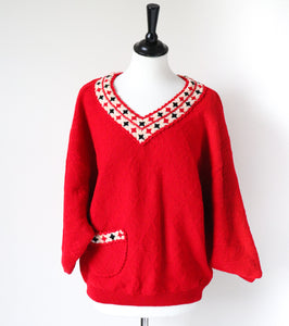 Vintage Jumper - Balloon Sleeves -  Red Wool Blend - V Neck - M / L - UK 12 / 14