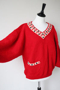 Vintage Jumper - Balloon Sleeves -  Red Wool Blend - V Neck - M / L - UK 12 / 14