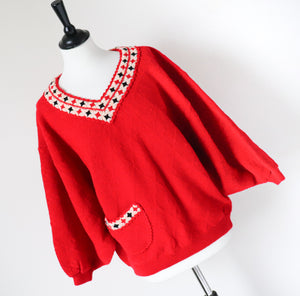 Vintage Jumper - Balloon Sleeves - Red Wool Blend - V Neck - M / L - UK 12 / 14