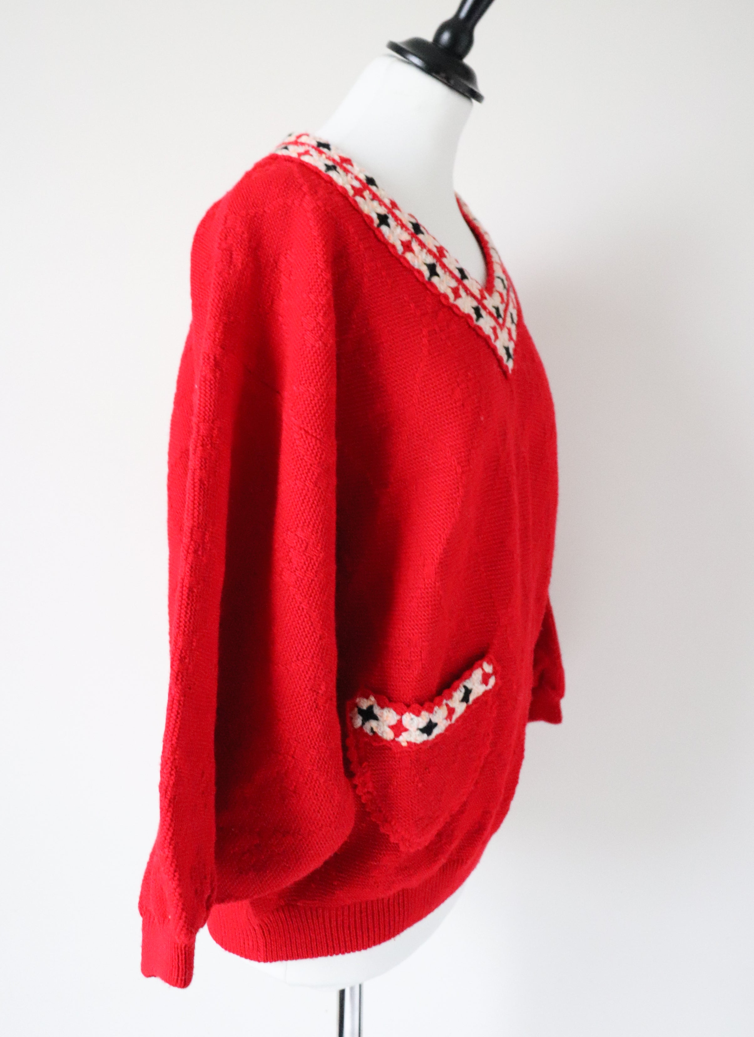 Vintage Jumper - Balloon Sleeves -  Red Wool Blend - V Neck - M / L - UK 12 / 14