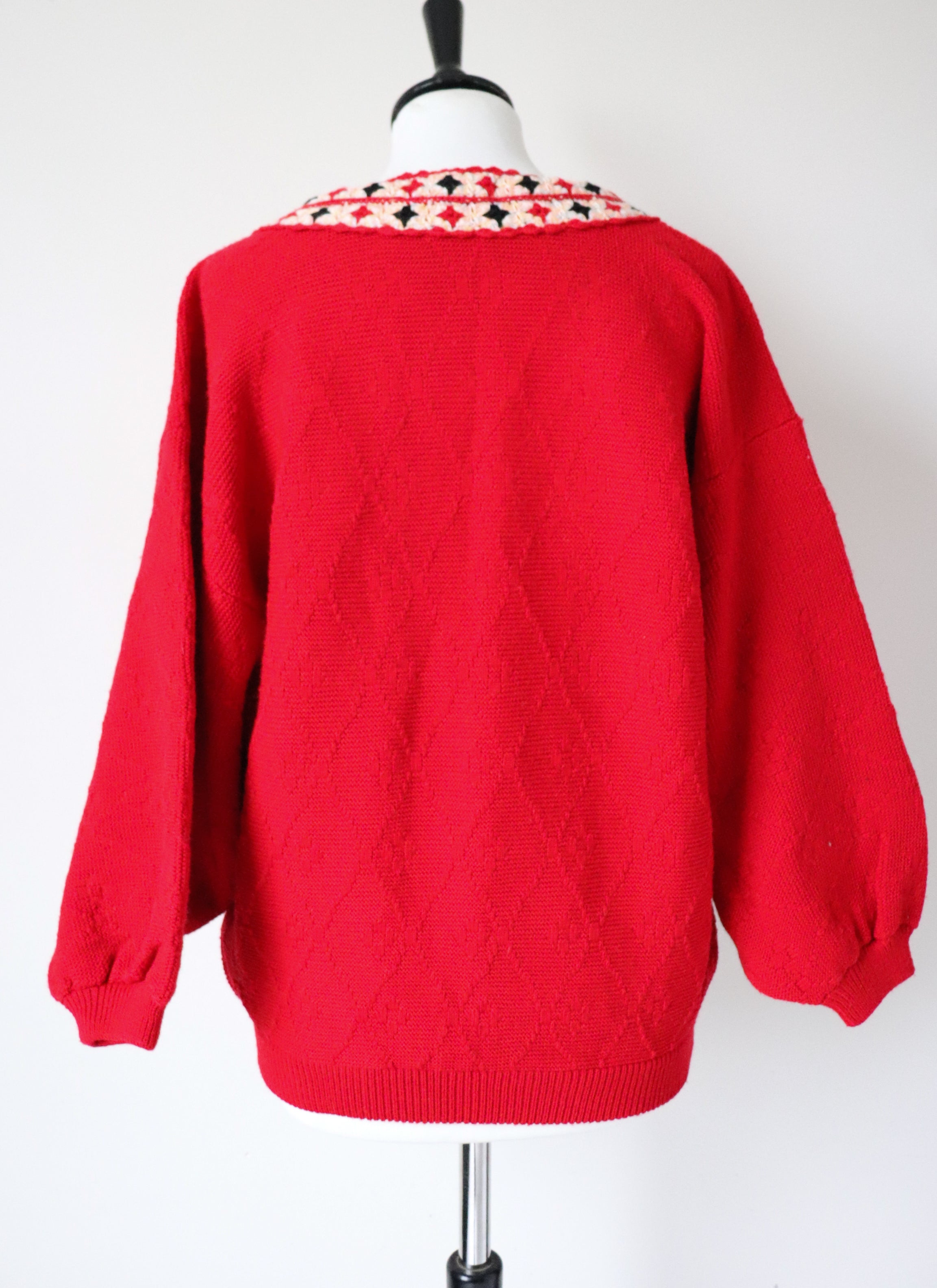 Vintage Jumper - Balloon Sleeves -  Red Wool Blend - V Neck - M / L - UK 12 / 14