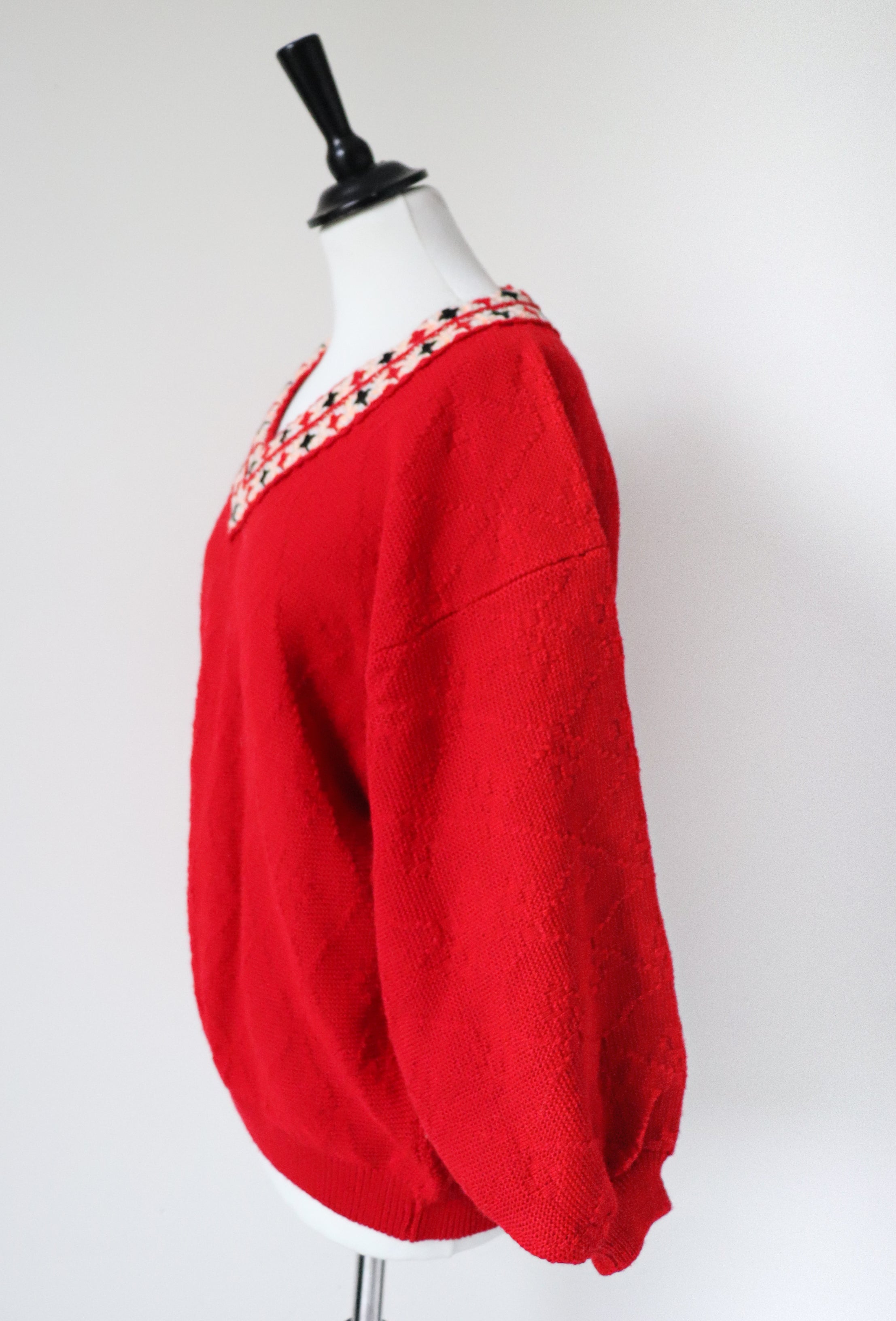 Vintage Jumper - Balloon Sleeves -  Red Wool Blend - V Neck - M / L - UK 12 / 14