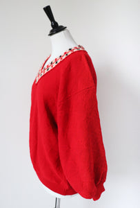 Vintage Jumper - Balloon Sleeves - Red Wool Blend - V Neck - M / L - UK 12 / 14