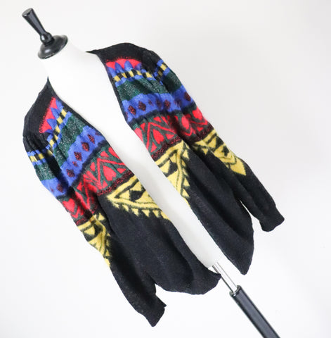 Vintage Wool Blend Cardigan - 1980s - Black / Multicolours - S / M - UK 10 / 12