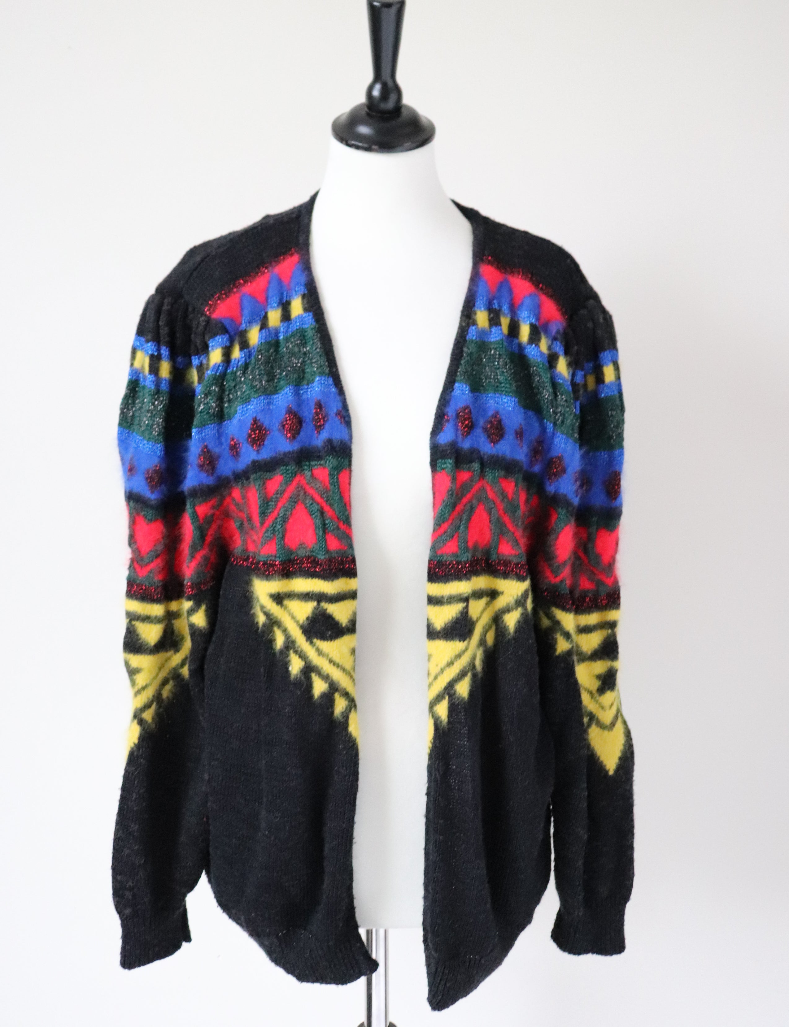 Vintage Wool Blend Cardigan - 1980s - Black / Multicolours - S / M - UK 10 / 12