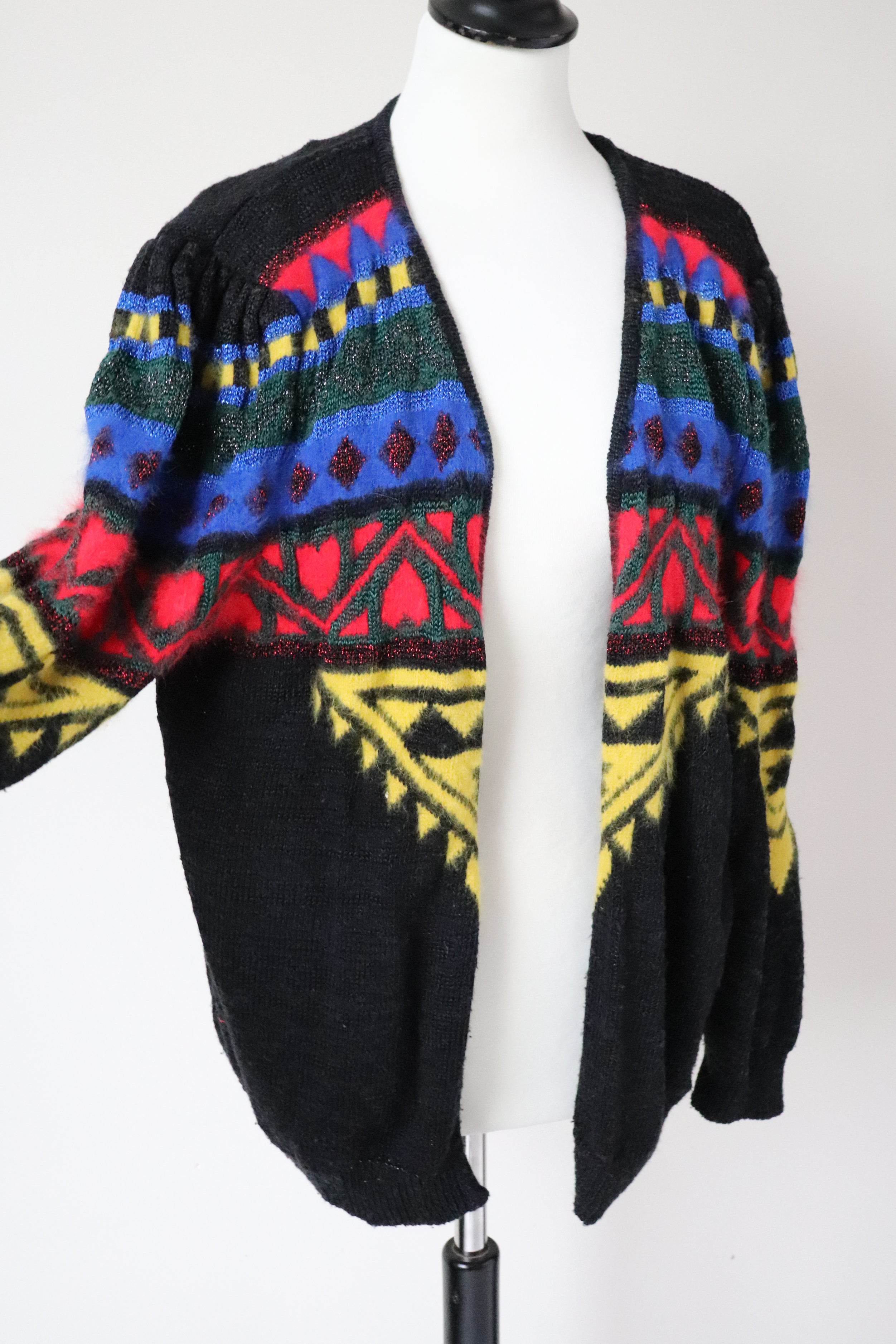 Vintage Wool Blend Cardigan - 1980s - Black / Multicolours - S / M - UK 10 / 12