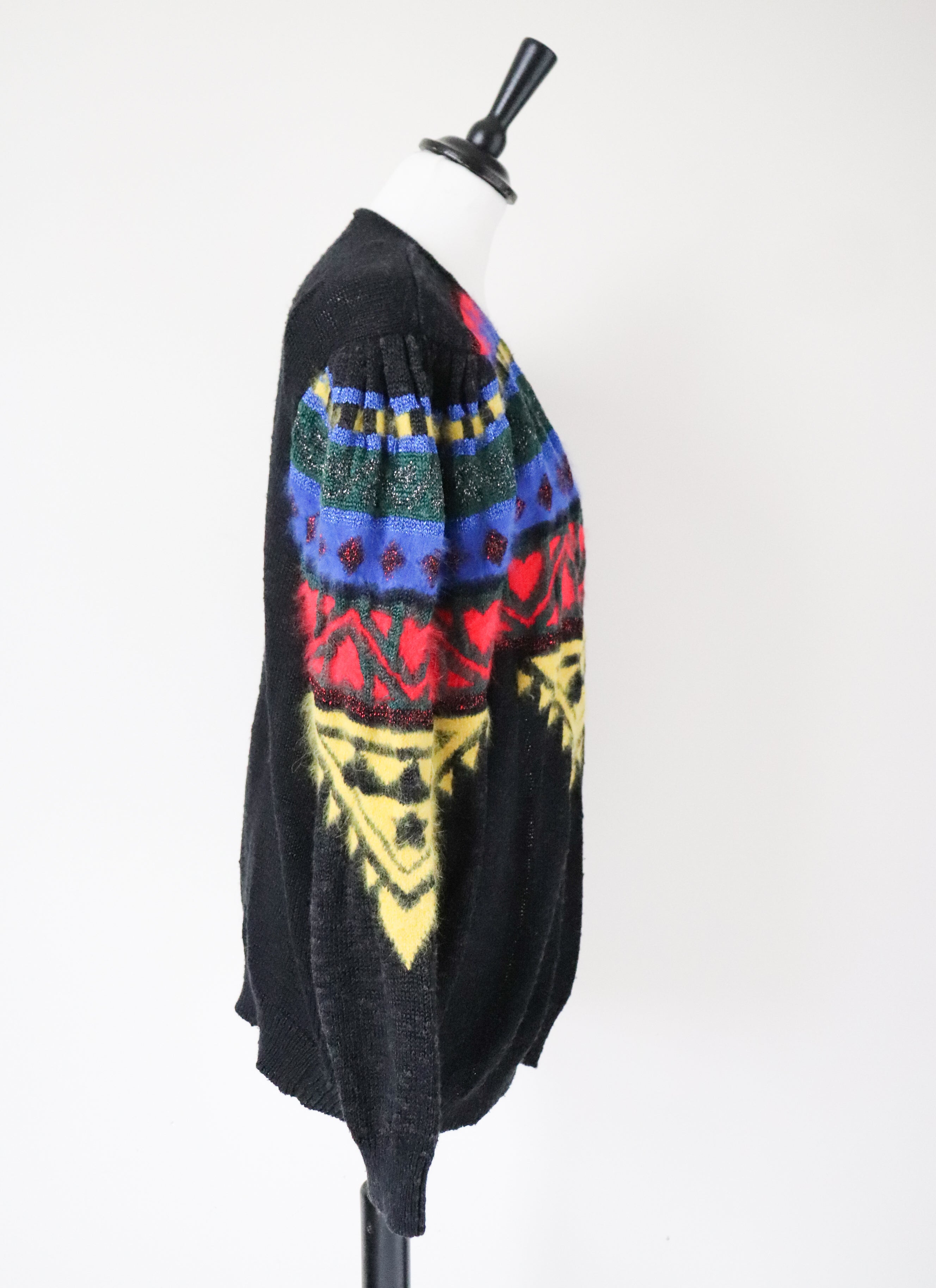 Vintage Wool Blend Cardigan - 1980s - Black / Multicolours - S / M - UK 10 / 12