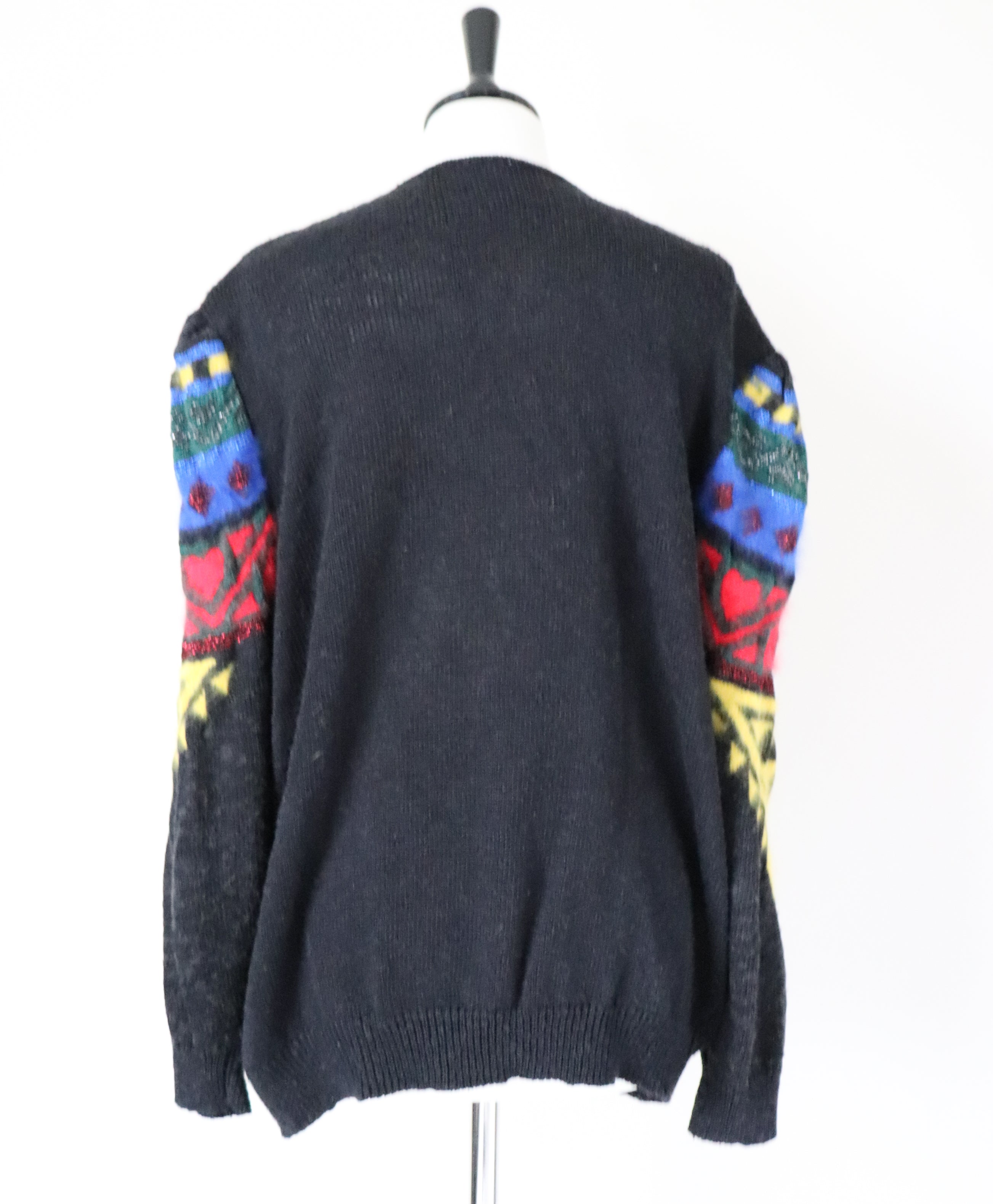 Vintage Wool Blend Cardigan - 1980s - Black / Multicolours - S / M - UK 10 / 12