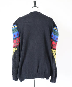 Vintage Wool Blend Cardigan - 1980s - Black / Multicolours - S / M - UK 10 / 12