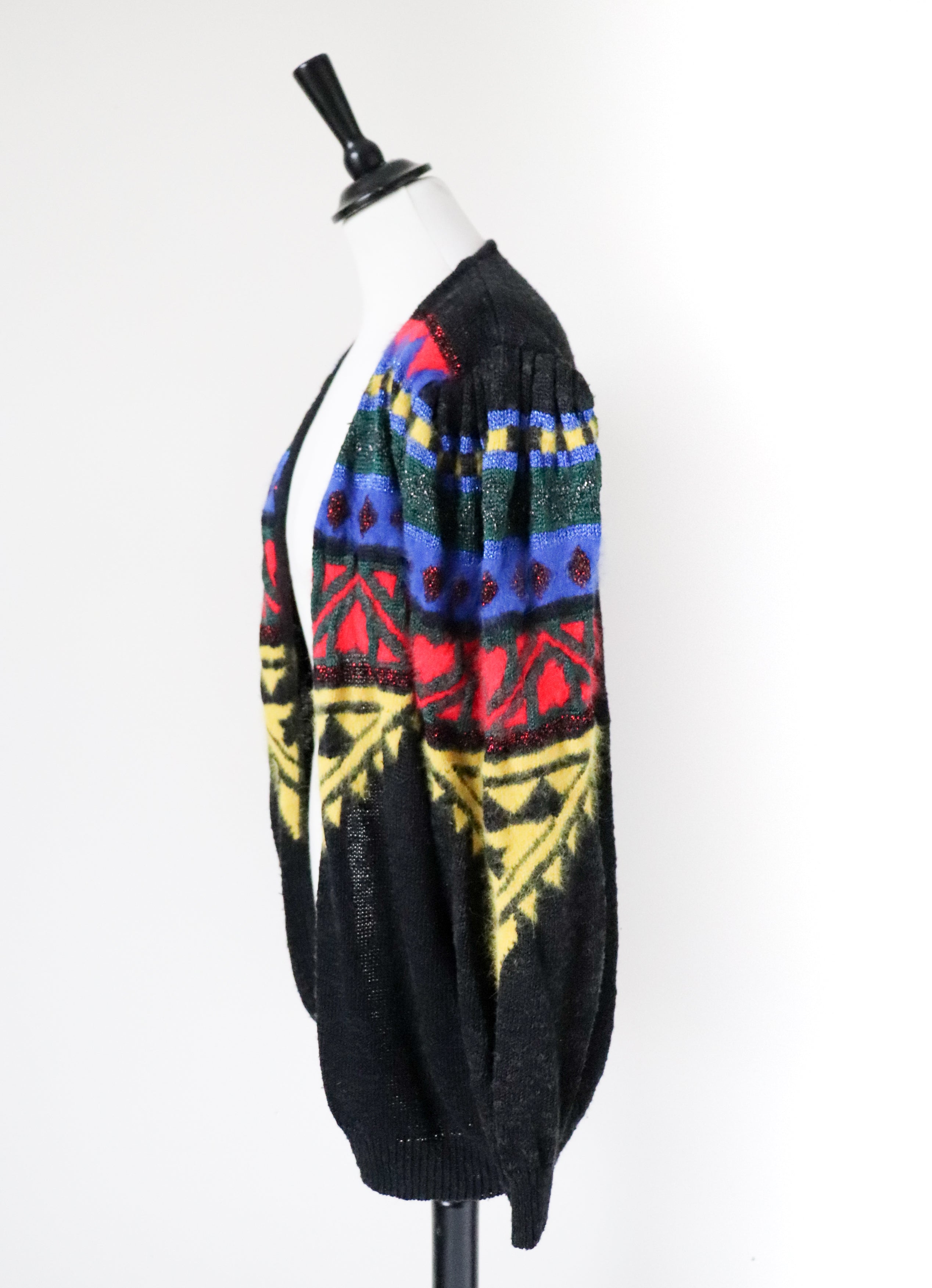 Vintage Wool Blend Cardigan - 1980s - Black / Multicolours - S / M - UK 10 / 12