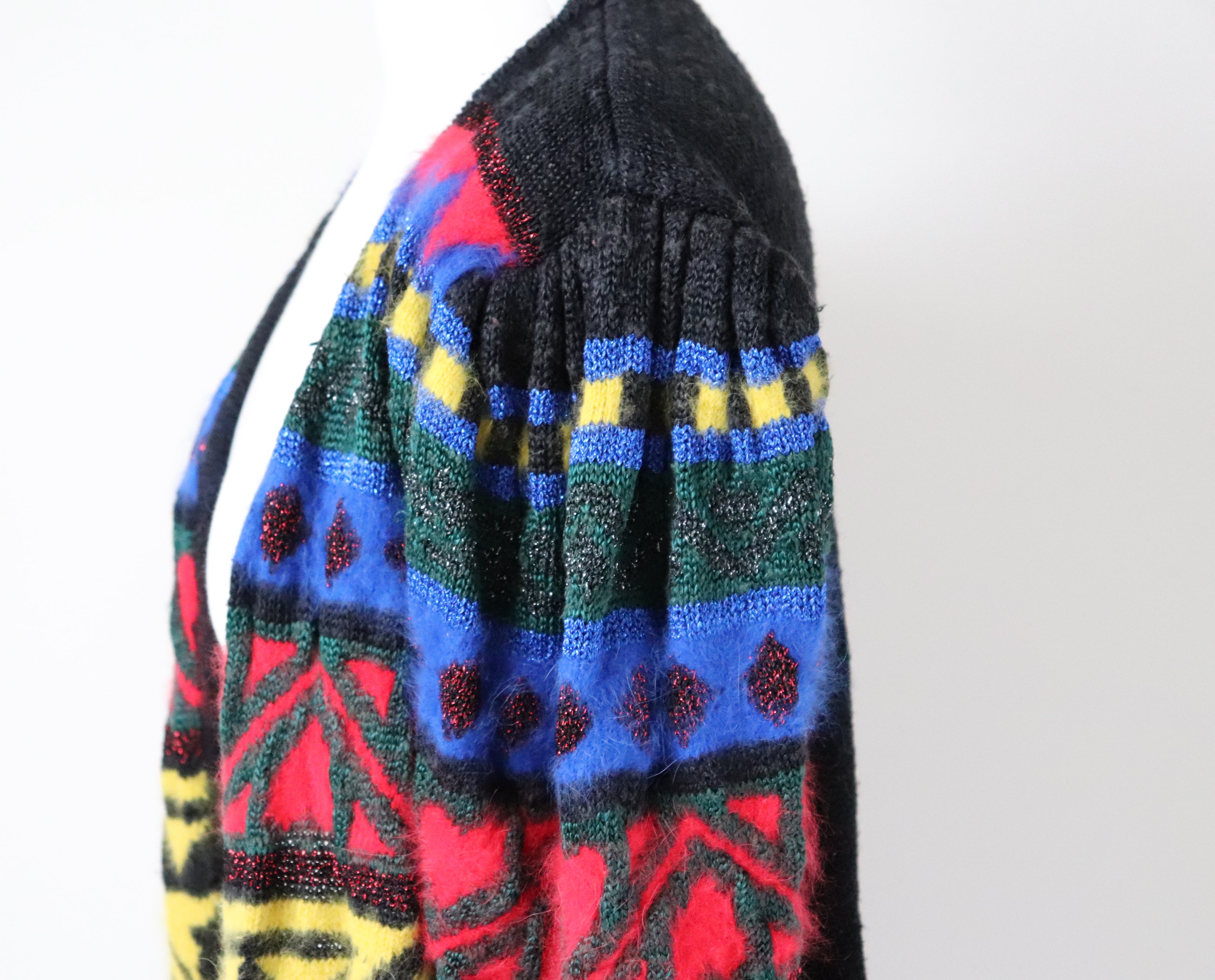 Vintage Wool Blend Cardigan - 1980s - Black / Multicolours - S / M - UK 10 / 12