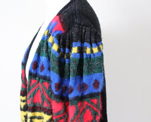 Vintage Wool Blend Cardigan - 1980s - Black / Multicolours - S / M - UK 10 / 12