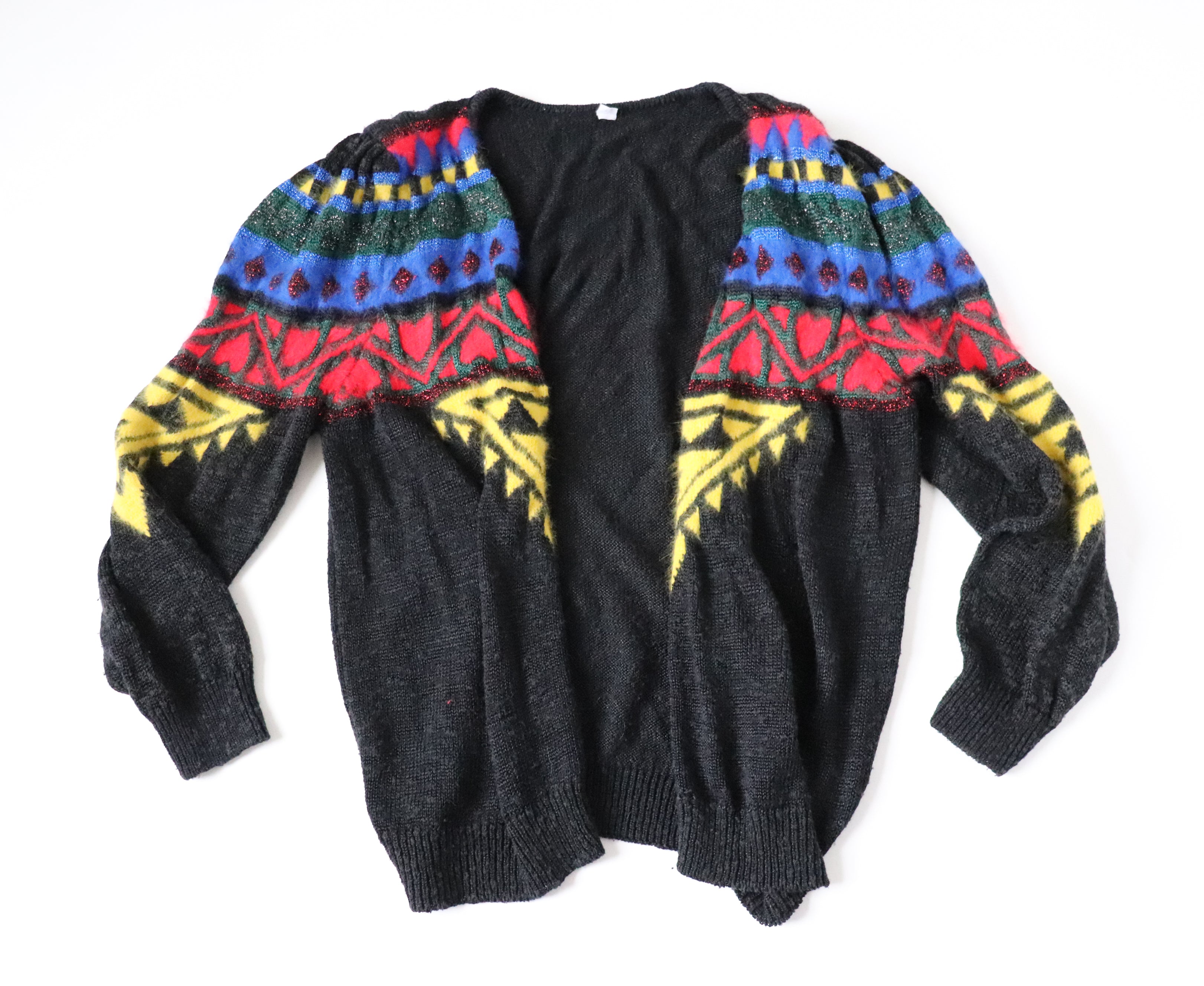 Vintage Wool Blend Cardigan - 1980s - Black / Multicolours - S / M - UK 10 / 12