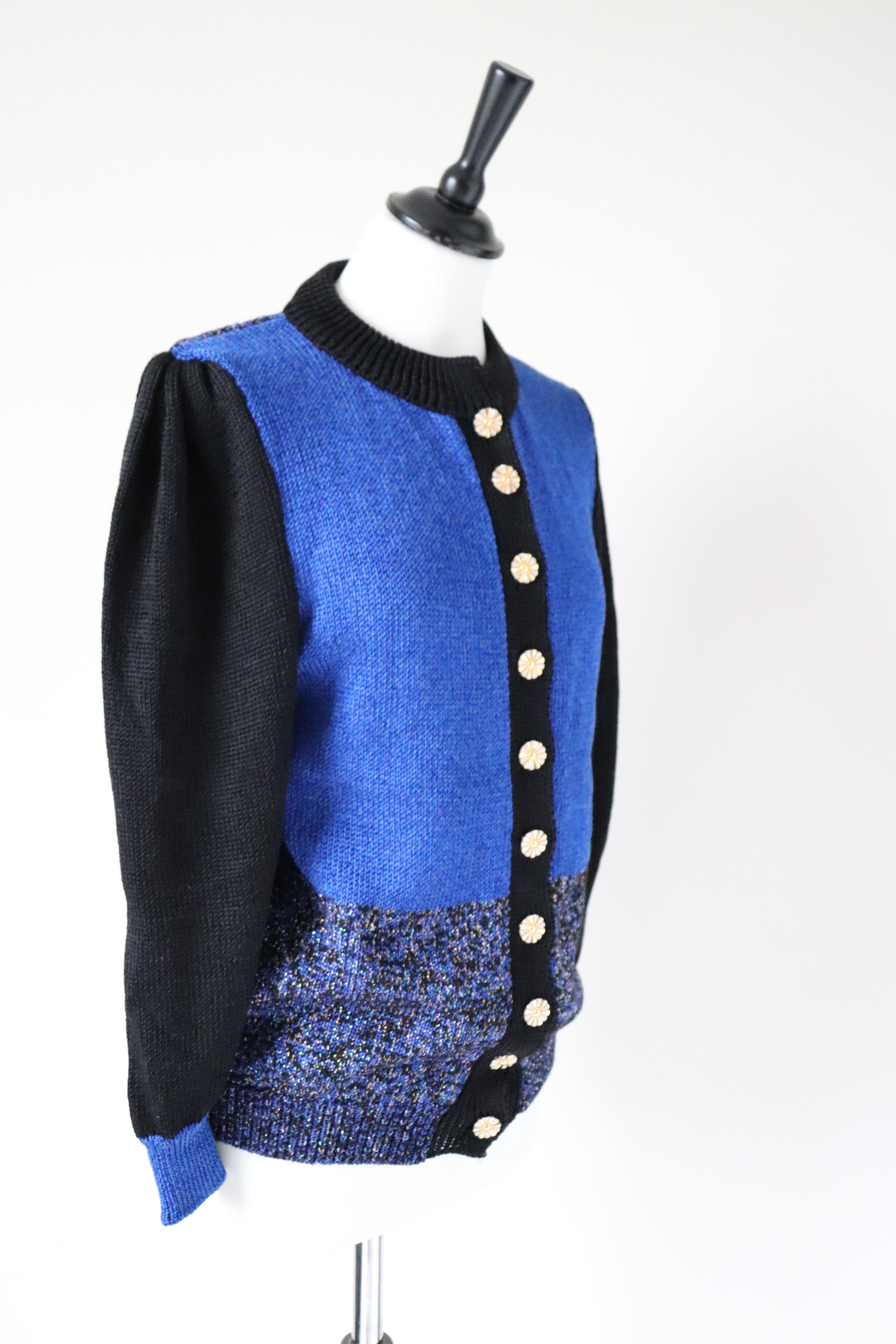 Vintage Hand Knit Sparkly Cardigan - 1980s - Blue - S / M - UK 10 / 12