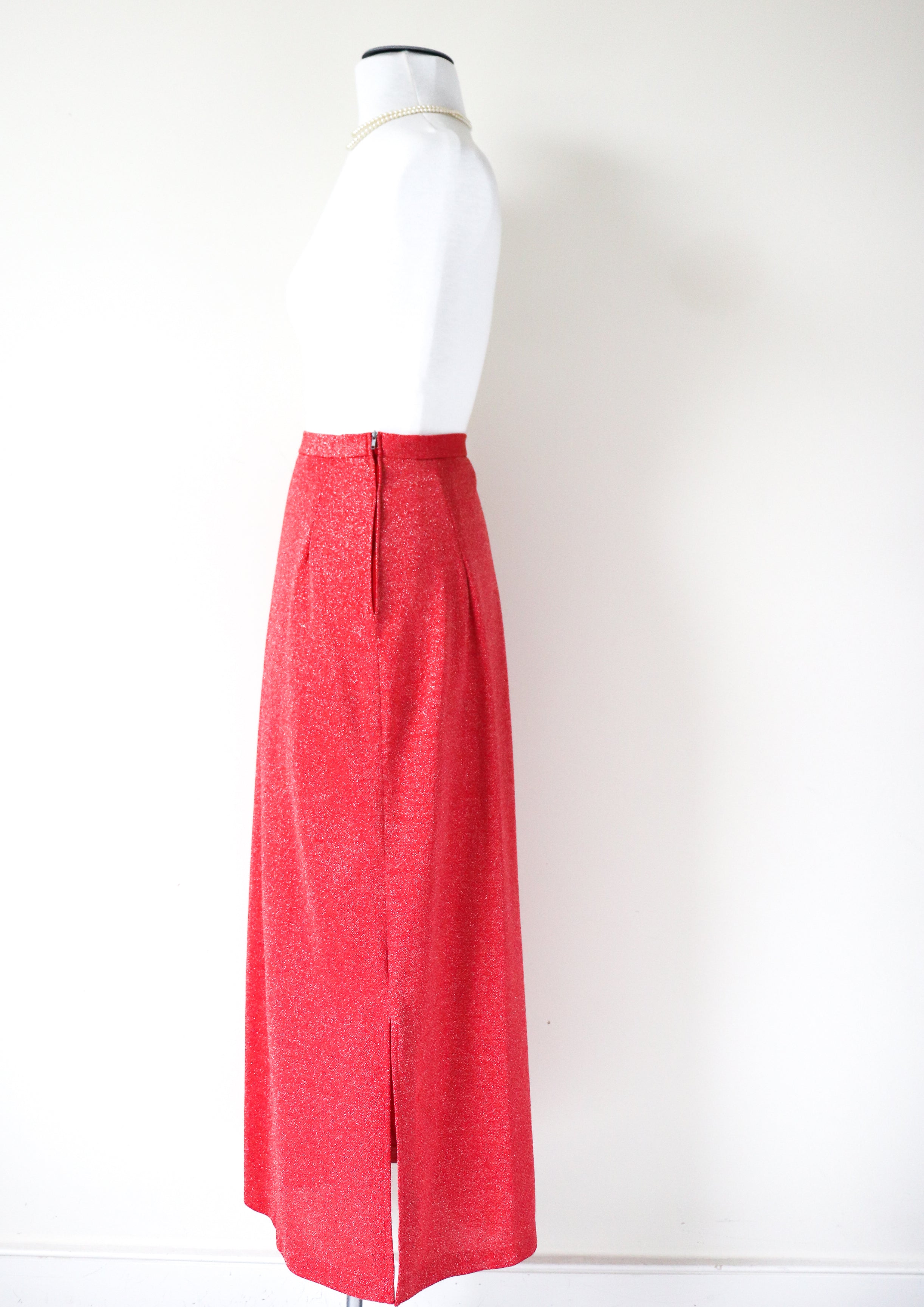 Lurex Straight Maxi Skirt - Disco - Vintage 1970s - Red - XS / S - UK 8  / 10