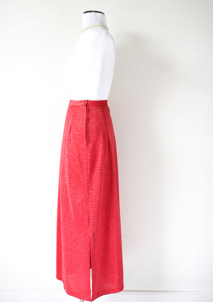 Lurex Straight Maxi Skirt - Disco - Vintage 1970s - Red  - XS / S - UK 8  / 10