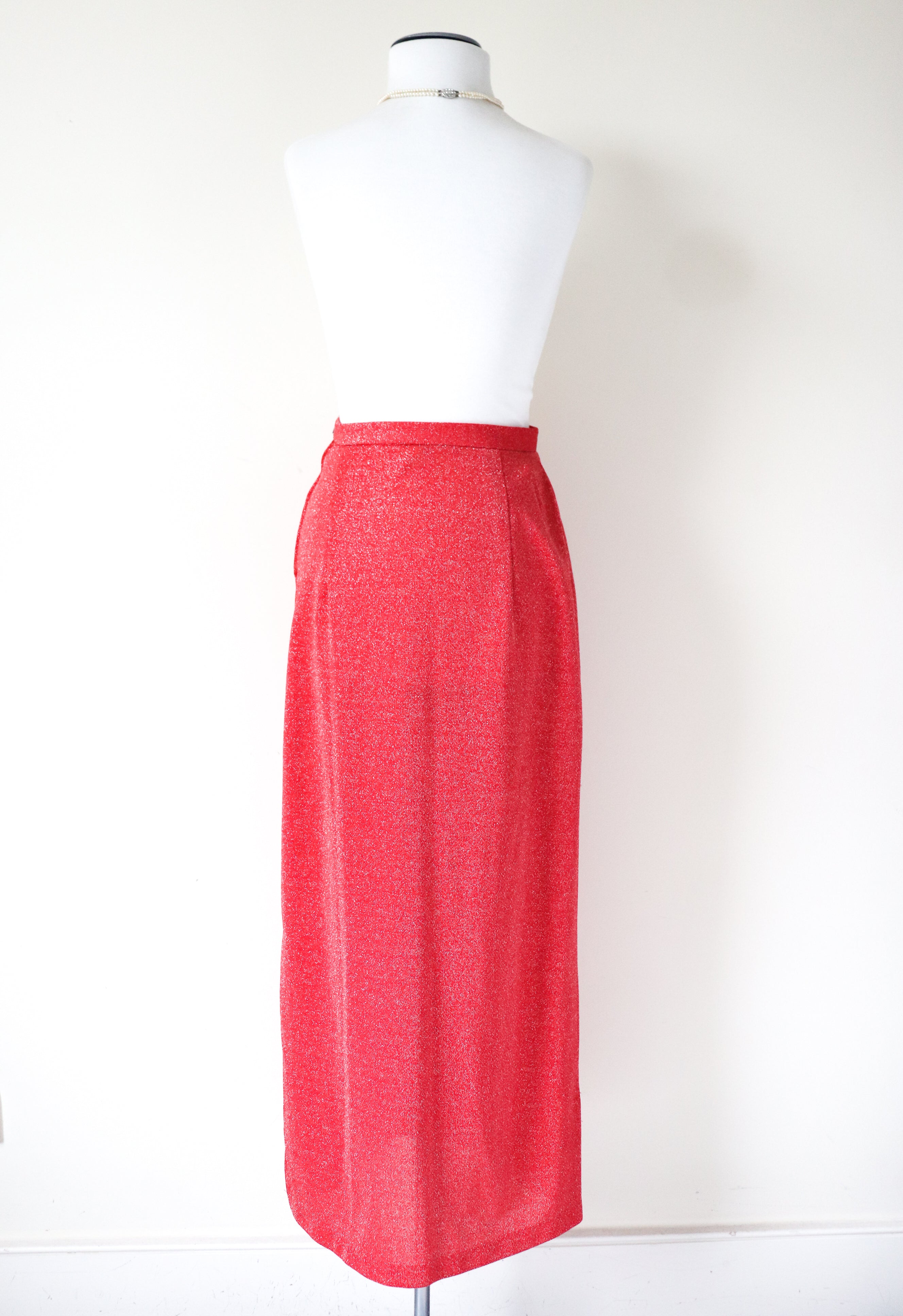 Lurex Straight Maxi Skirt - Disco - Vintage 1970s - Red - XS / S - UK 8  / 10