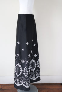 1970s Vintage Maxi Skirt - Black / Silver Embroidery - M / UK 12 Tall