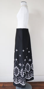 1970s Vintage Maxi Skirt - Black / Silver Embroidery - M / UK 12 Tall