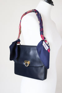 Vintage Bag - Vintage Christian Dior Silk Scarf Strap - Upcycled 1980s Blue Leather Shoulder Bag