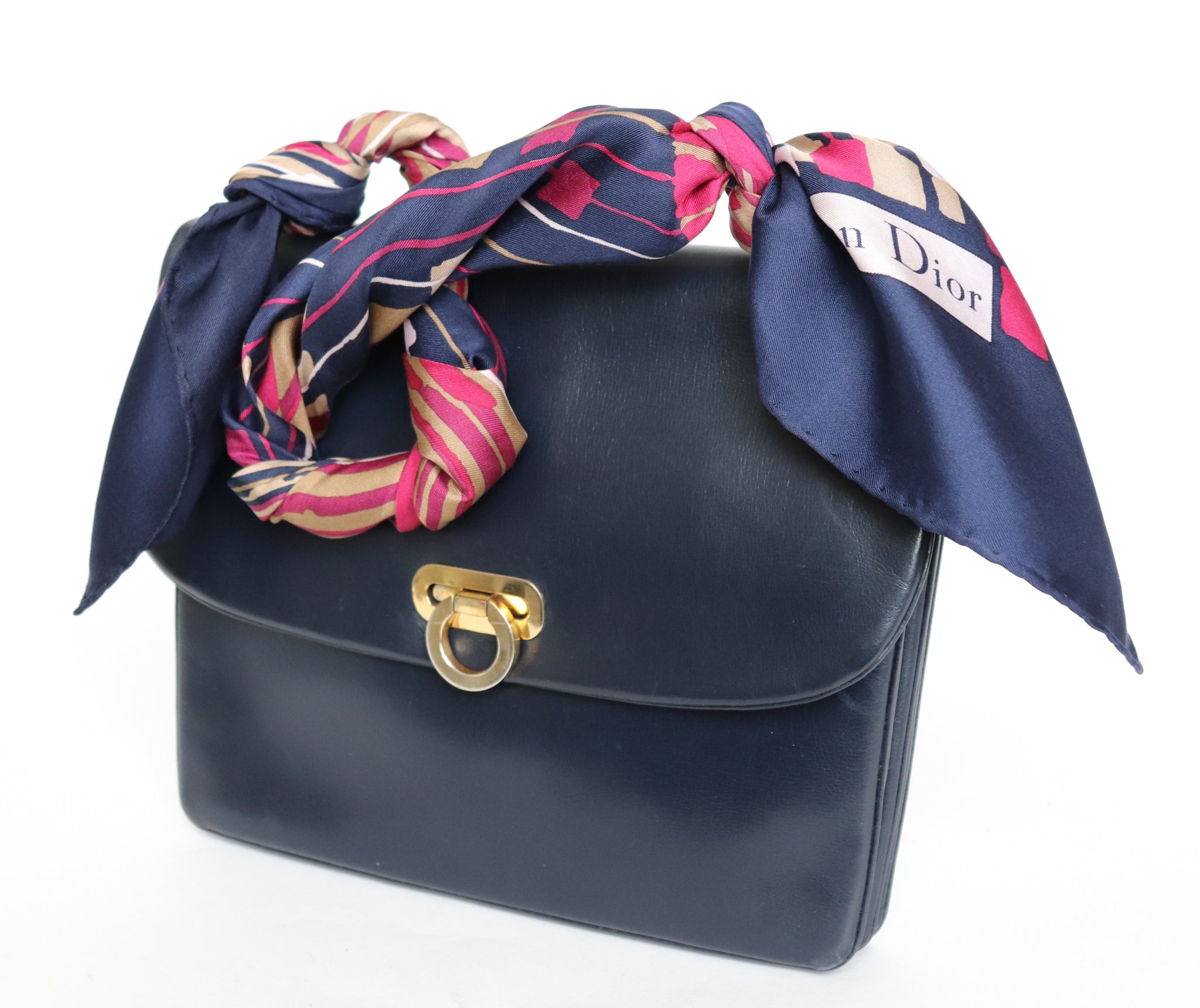 Vintage Bag - Vintage Christian Dior Silk Scarf Strap - Upcycled 1980s Blue Leather Shoulder Bag
